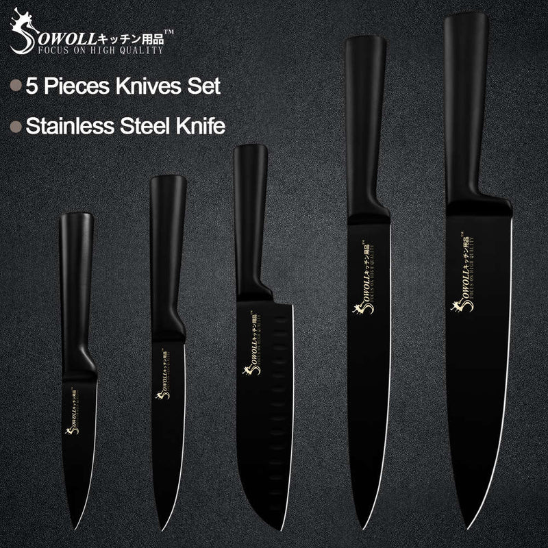 Ensemble de couteaux de cuisine Sowoll 6 pièces en acier inoxydable manche noir sans couture soudure pain tranche Santoku couteau d'office