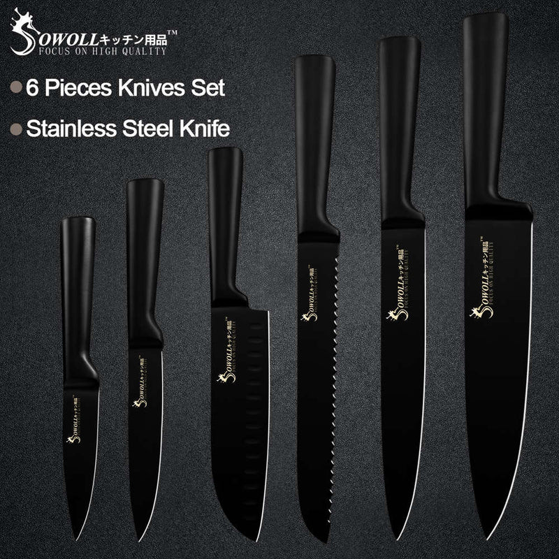 Ensemble de couteaux de cuisine Sowoll 6 pièces en acier inoxydable manche noir sans couture soudure pain tranche Santoku couteau d'office