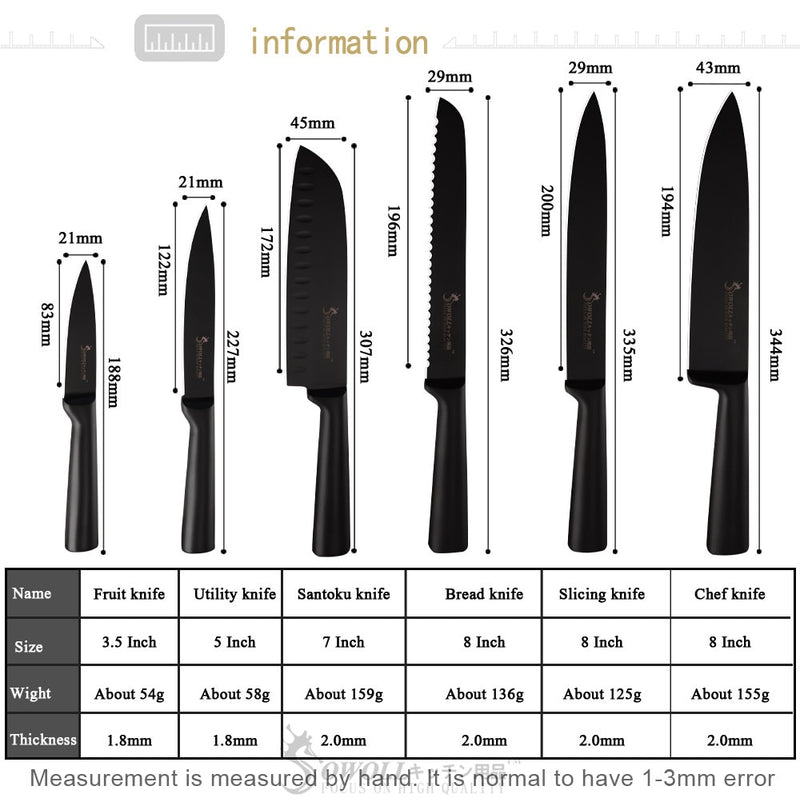 Ensemble de couteaux de cuisine Sowoll 6 pièces en acier inoxydable manche noir sans couture soudure pain tranche Santoku couteau d'office