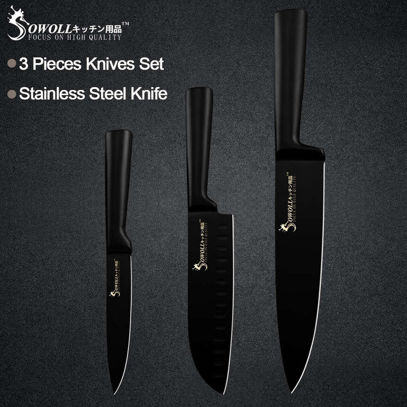 Ensemble de couteaux de cuisine Sowoll 6 pièces en acier inoxydable manche noir sans couture soudure pain tranche Santoku couteau d'office