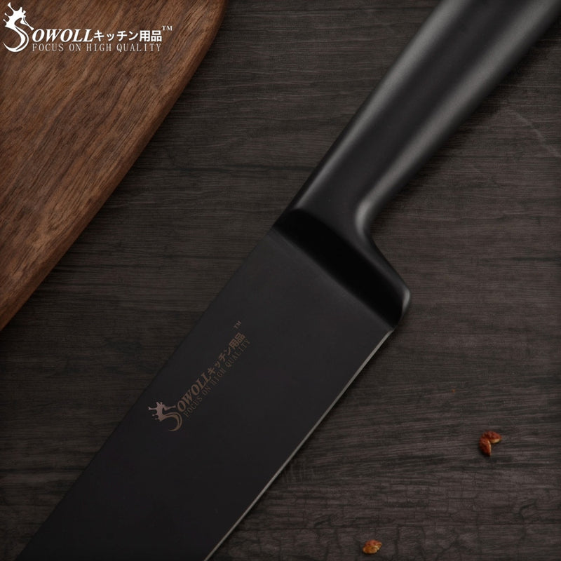 Ensemble de couteaux de cuisine Sowoll 6 pièces en acier inoxydable manche noir sans couture soudure pain tranche Santoku couteau d'office