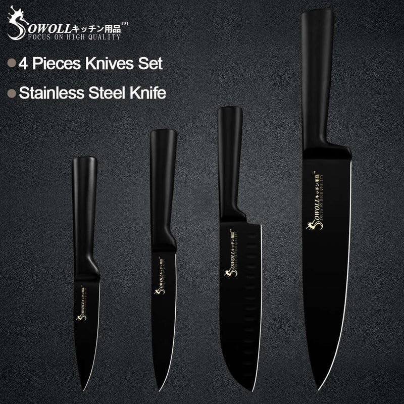 Ensemble de couteaux de cuisine Sowoll 6 pièces en acier inoxydable manche noir sans couture soudure pain tranche Santoku couteau d'office