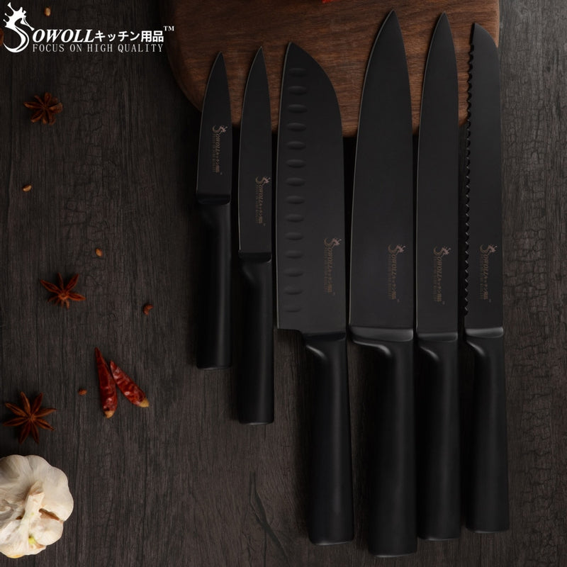 Ensemble de couteaux de cuisine Sowoll 6 pièces en acier inoxydable manche noir sans couture soudure pain tranche Santoku couteau d'office