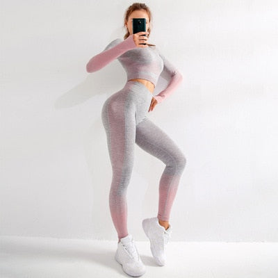 NEDEINS-Leggings de fitness College sans couture pour femmes, leggings dégradés imbibés, sport commandé, 2 pièces