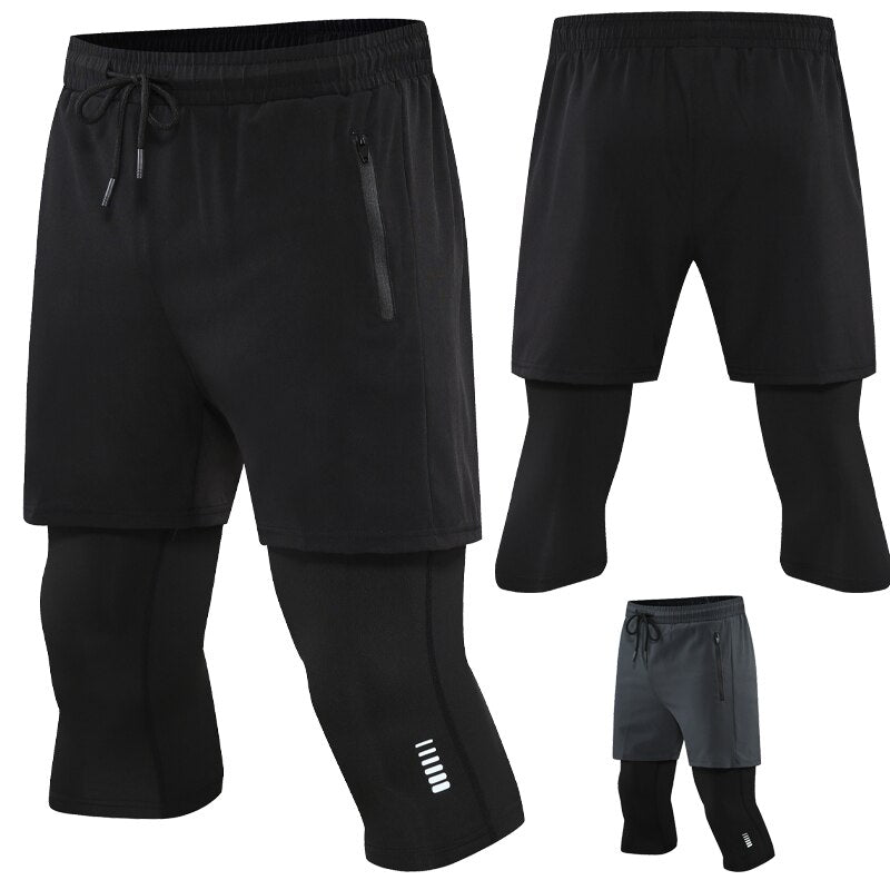 Pantalon court de sport 2 en 1 pour homme, vêtement de course à compression, poche zippée, séchage rapide, leggings assiste, deux pièces