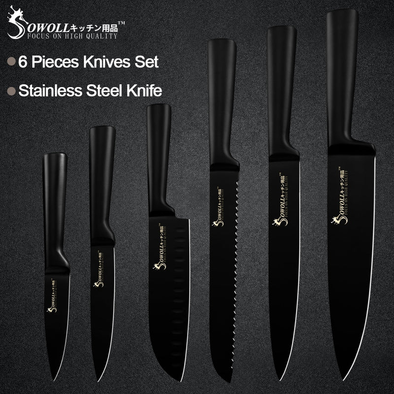 Ensemble de couteaux de cuisine Sowoll 6 pièces en acier inoxydable manche noir sans couture soudure pain tranche Santoku couteau d'office