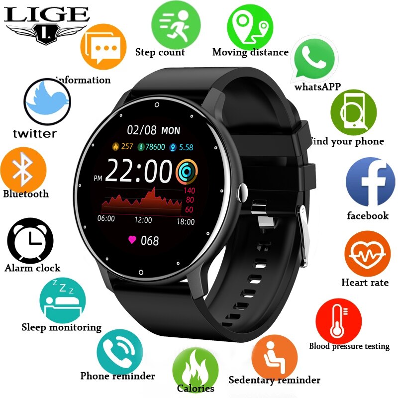 LIGE smartwatch écran tactile sport fitness IP67 étanche Bluetooth pour Android IOS